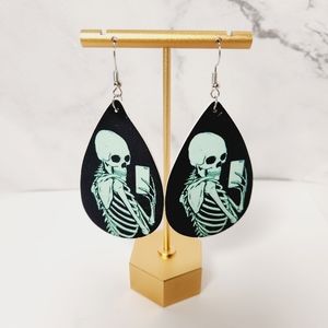 Skeleton Selfie Vegan Leather Teardrop Earrings